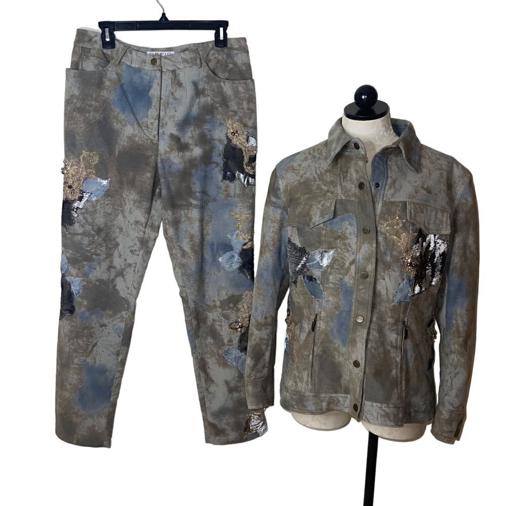 Oppio Jeans Vintage Womens Pant Jacket Set Size L Khaki Tie Dye Applique Vintage